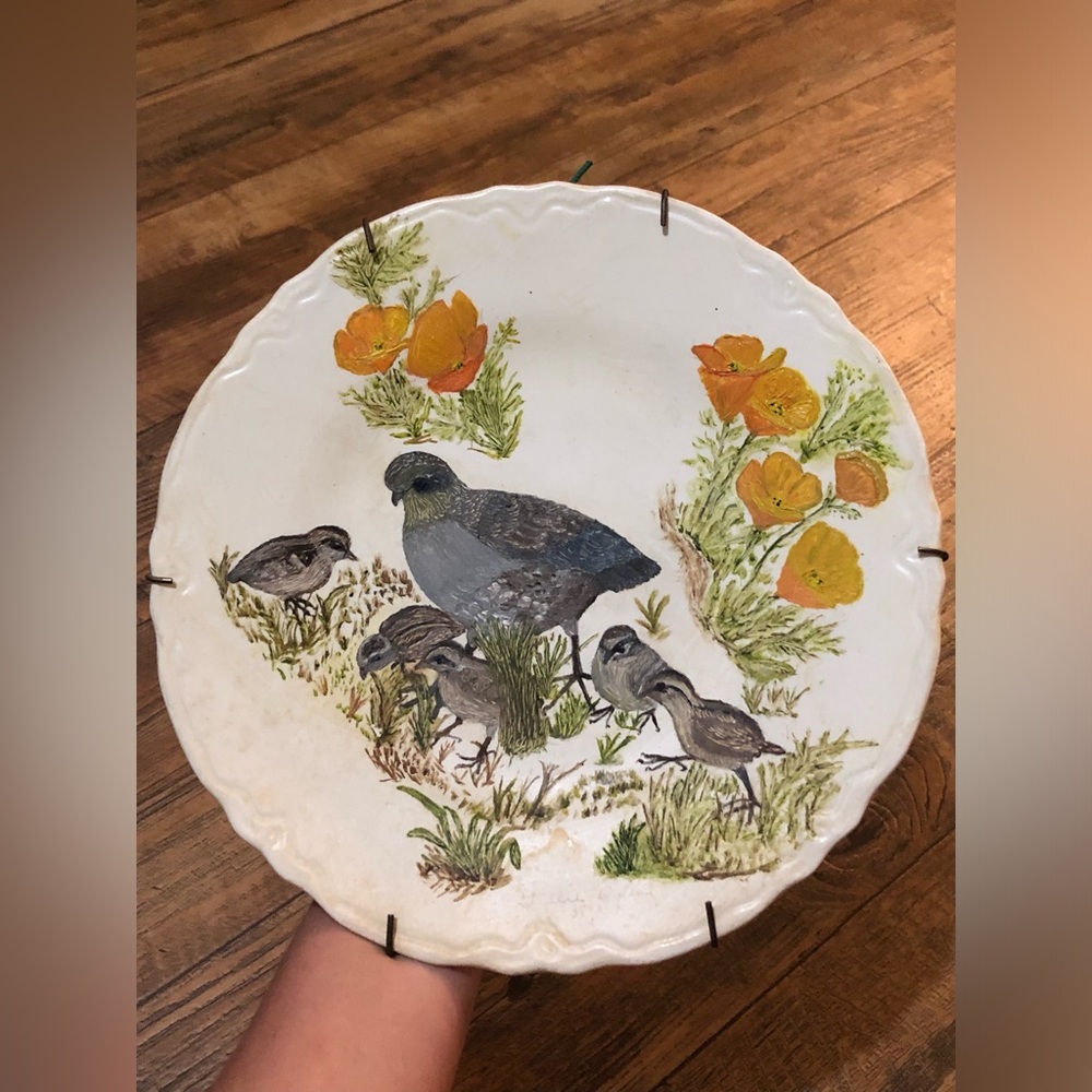Quail Birds Hand Painted Plate Floral Nature Rustic Cabin Cottage Country Decor